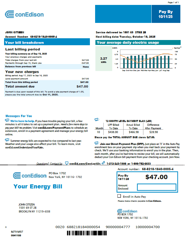 USA Conedison utility bill template in Word and PDF formats, version 3